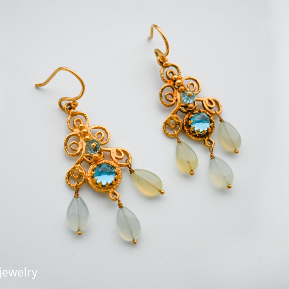 Becky Kelso 18K Yellow Gold Topaz Cabochon Chandelier Earrings